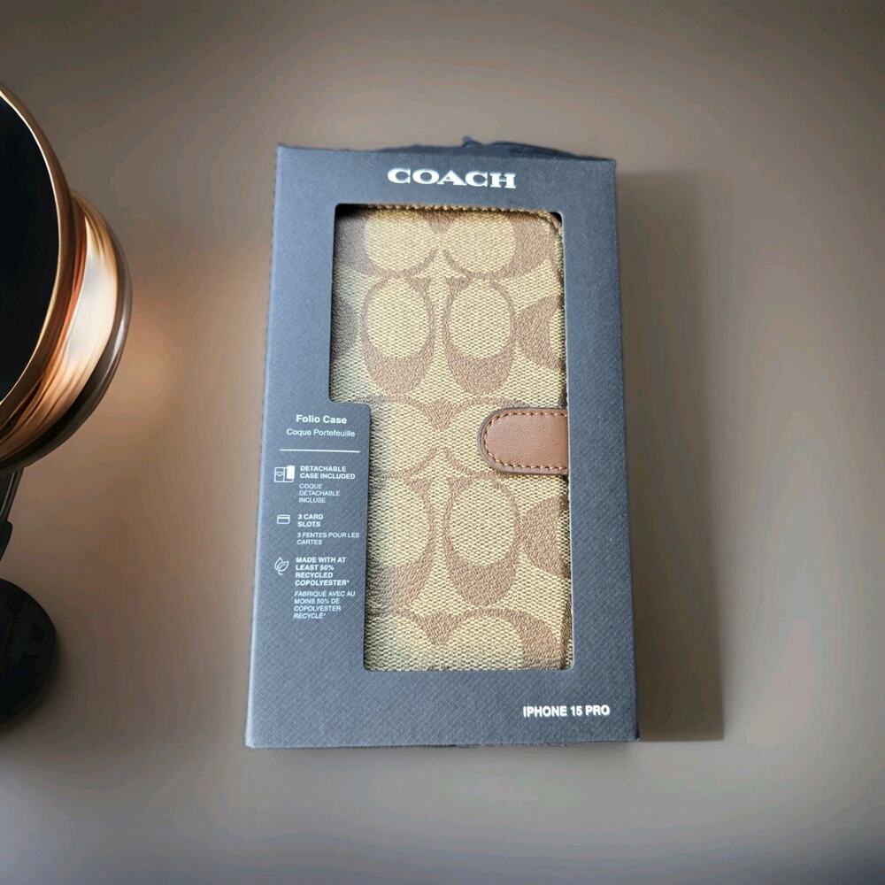 Coach Iphone 15 Pro Folio Case In Signature Canvas New In Box Khaki Brown